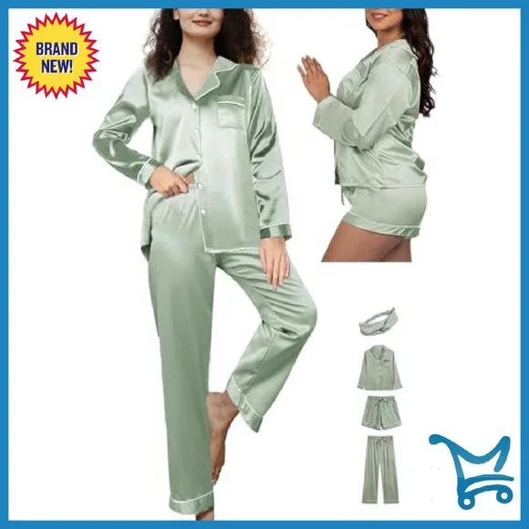 Silk Satin Pajama Set 4-Piece Long Sleeve V-Neck Lounge Sleepwear
